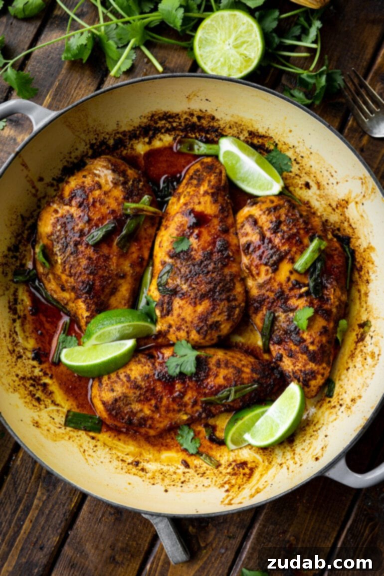 Easy One-Pan 10-Minute Sticky Mexican Chicken 8 Four whole, perfectly seasoned chicken breasts, expertly cooked stovetop in a robust dutch oven, beautifully showcasing their deep golden-brown crust and inviting texture.