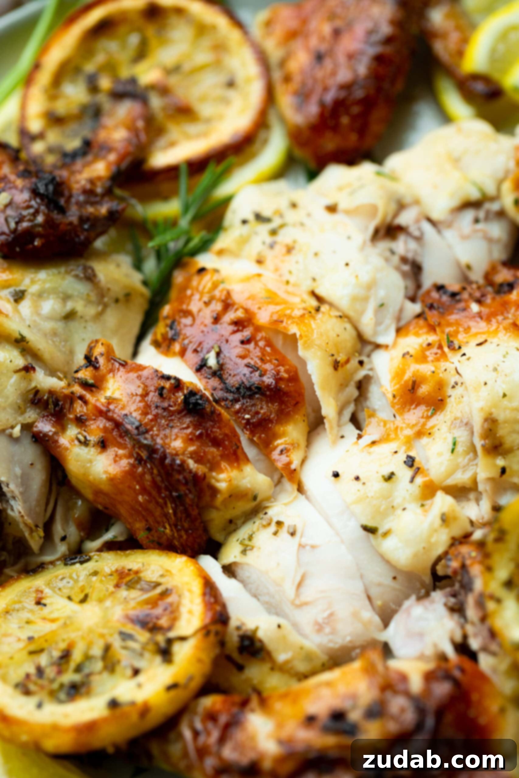 Lemon Herb Spatchcock Chicken Recipe A photo of juicy, tender sliced chicken breasts with crispy skin, perfectly roasted and seasoned.