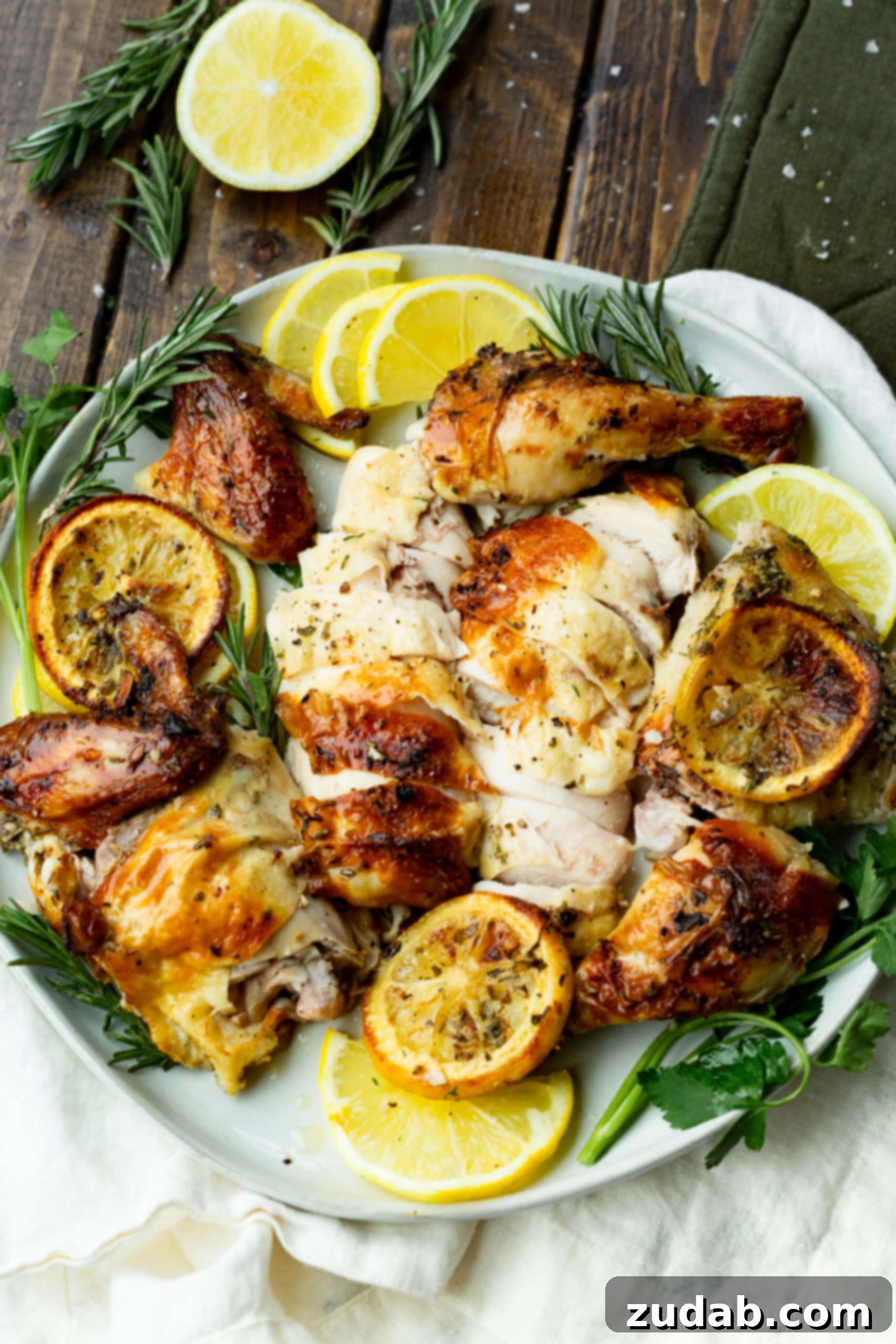 Lemon Herb Spatchcock Chicken Recipe A large circular white platter showcasing a broken-down roasted chicken, separated into sliced chicken breasts, thighs, and whole legs, beautifully surrounded with roasted lemon slices and fresh herbs.
