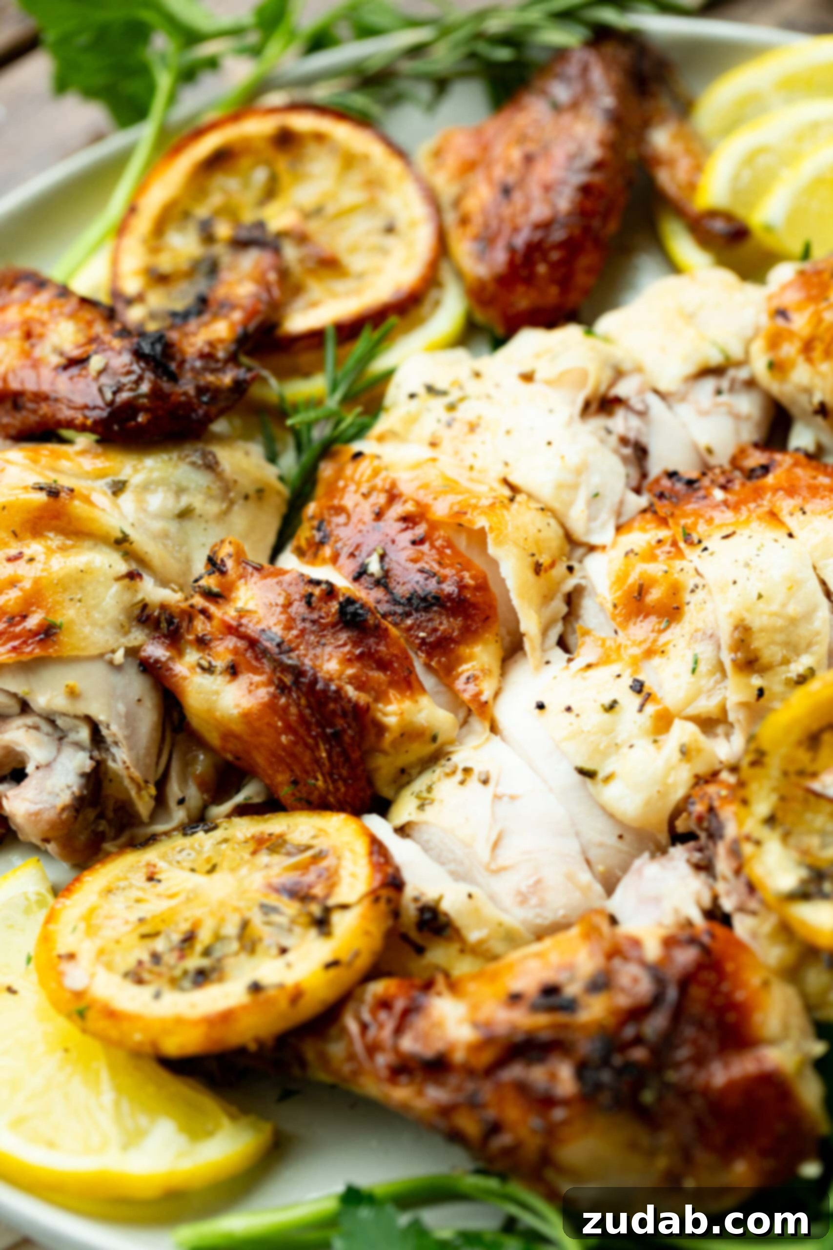 Lemon Herb Spatchcock Chicken Recipe A photo of juicy roasted sliced chicken breasts topped with fresh herbs and surrounded by slices of lemon, presented beautifully.