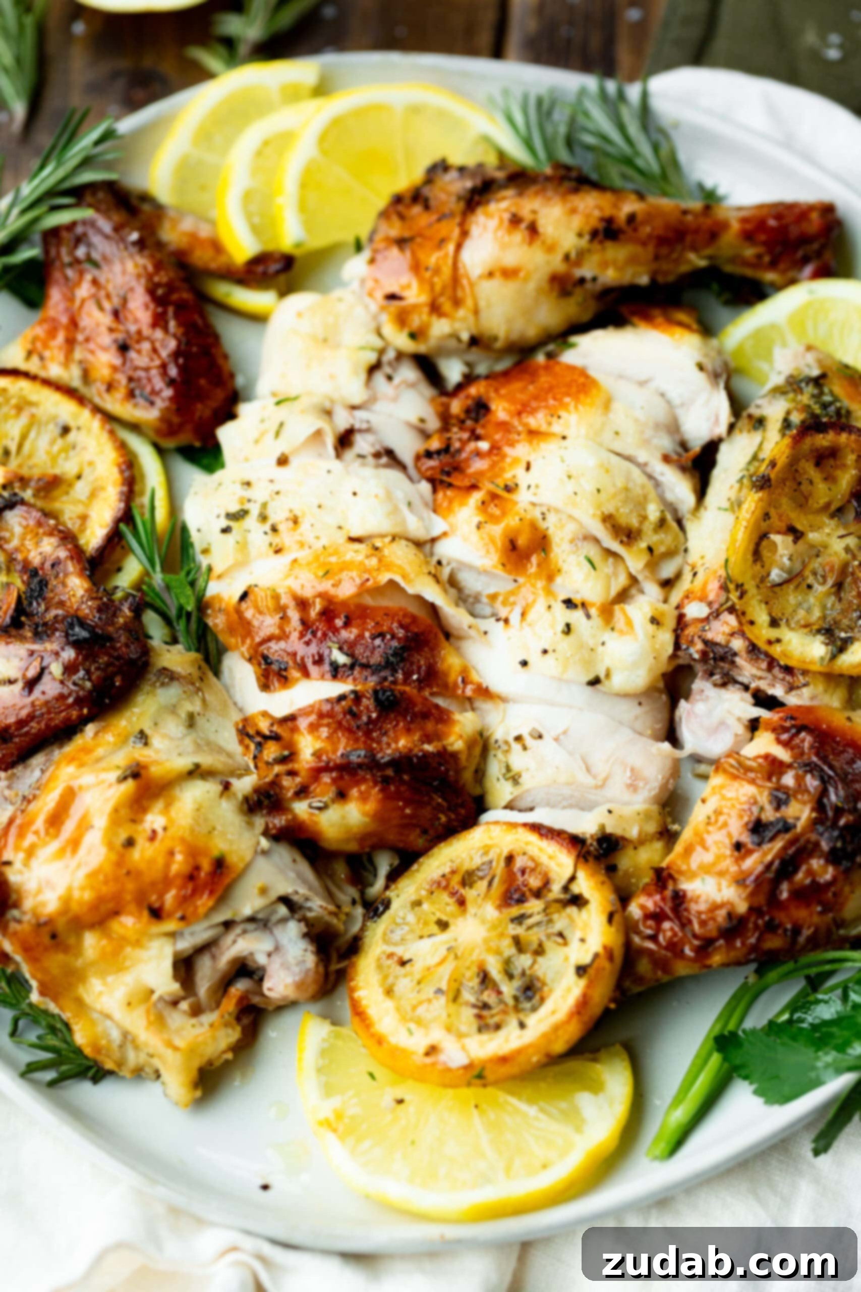 Lemon Herb Spatchcock Chicken Recipe A roasted spatchcock chicken, expertly broken down and arranged on a large platter, with sliced chicken breasts showing their juicy interior and crispy skin.