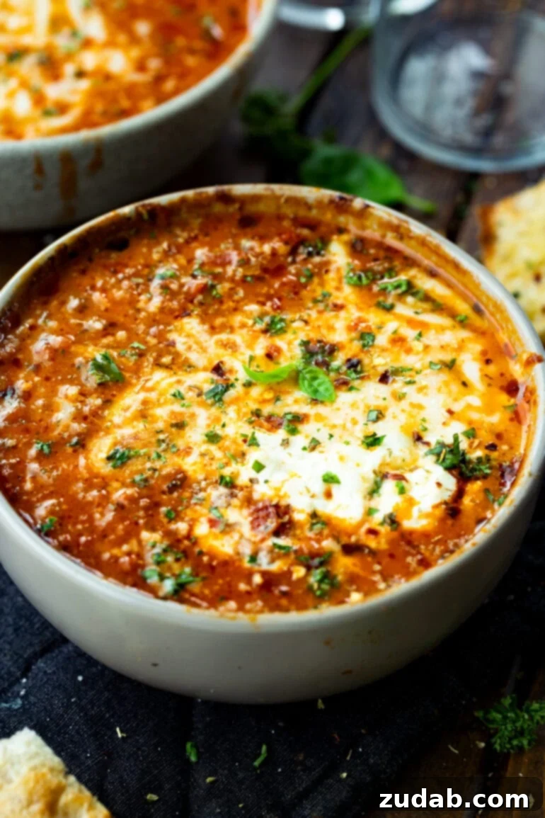 Rustic Italian Beef Chili 4 A beautifully presented bowl of Italian style beef chili, generously topped with glistening melted mozzarella cheese and vibrant fresh chopped herbs, highlighting its rich and inviting texture.