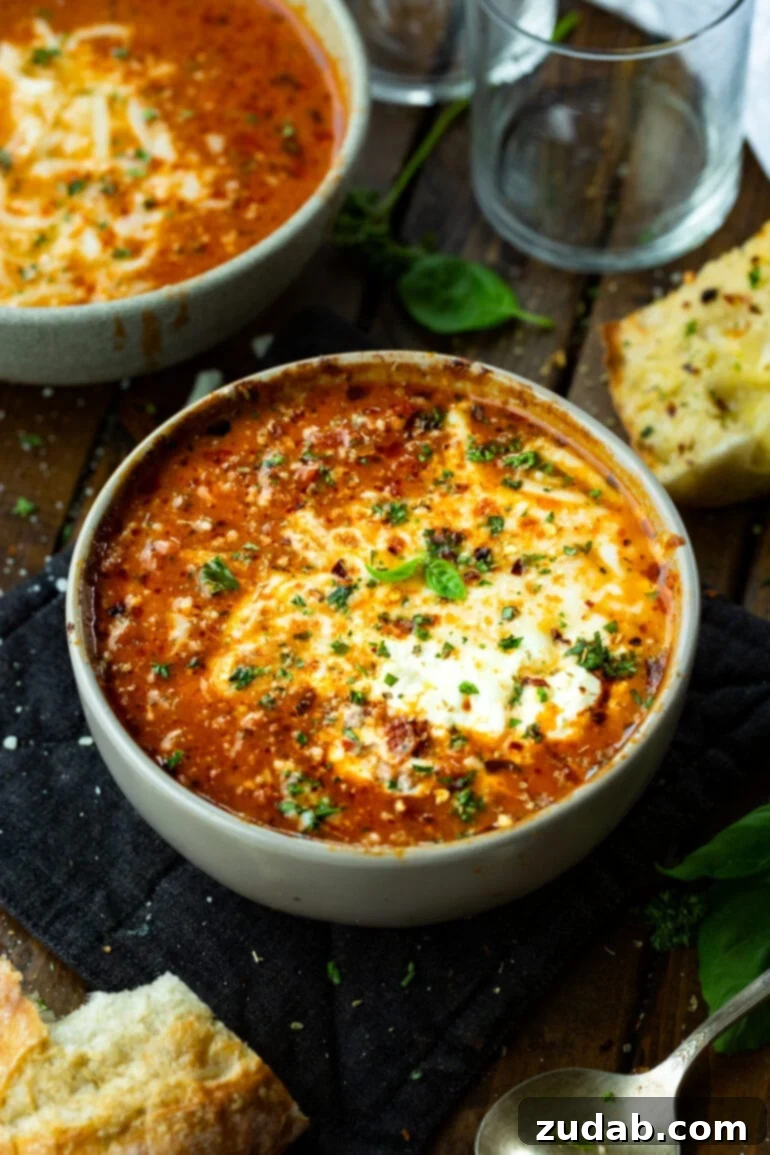 Rustic Italian Beef Chili 6 A close-up shot of a steaming bowl of Italian style beef chili, lavishly topped with melted mozzarella cheese and finely chopped fresh green herbs, presented as a comforting and appetizing meal.