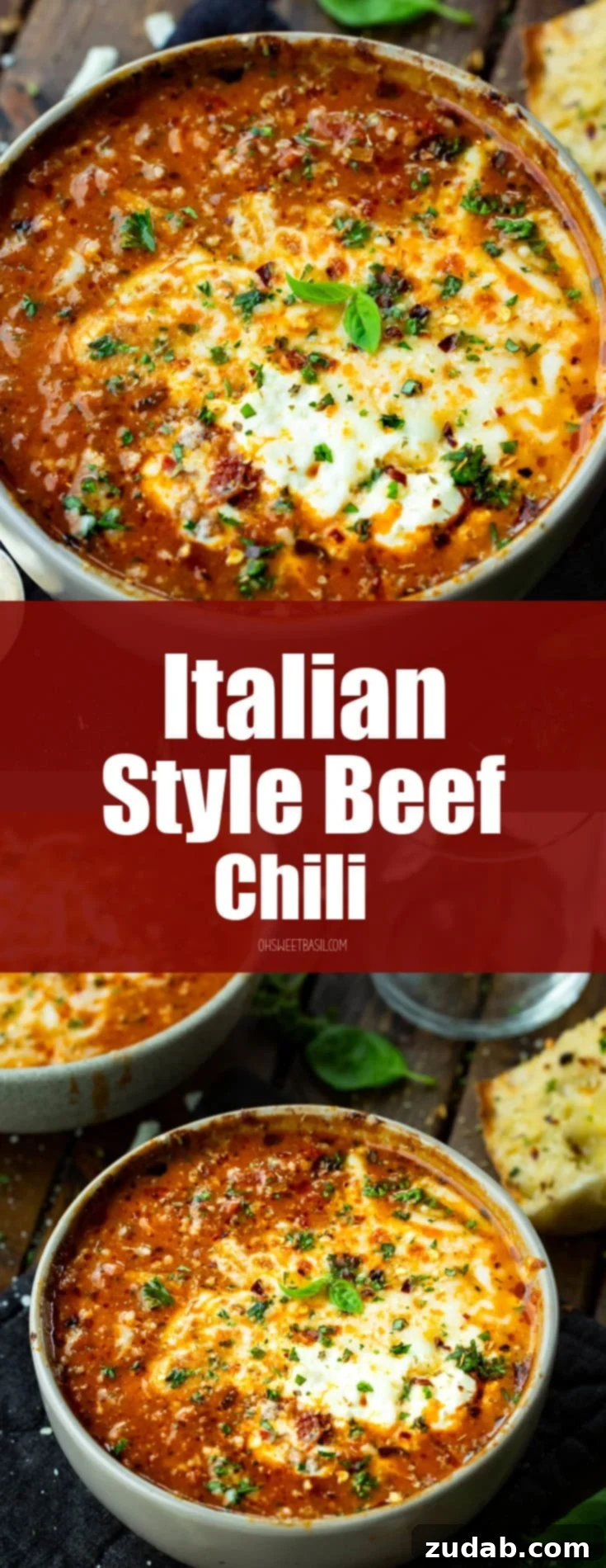 Rustic Italian Beef Chili 9 A bowl of Italian style beef chili, richly topped with melted mozzarella cheese and vibrant fresh chopped herbs, presented for a comforting and hearty meal.