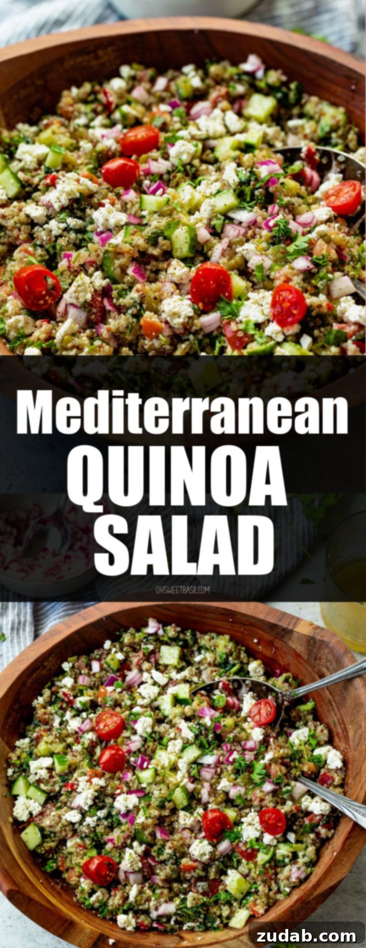 Mediterranean Quinoa Bowl 6 A large wooden serving bowl filled to the brim with a fresh and vibrant Mediterranean Quinoa Salad, elegantly presented with two silver serving spoons, ready to be enjoyed.