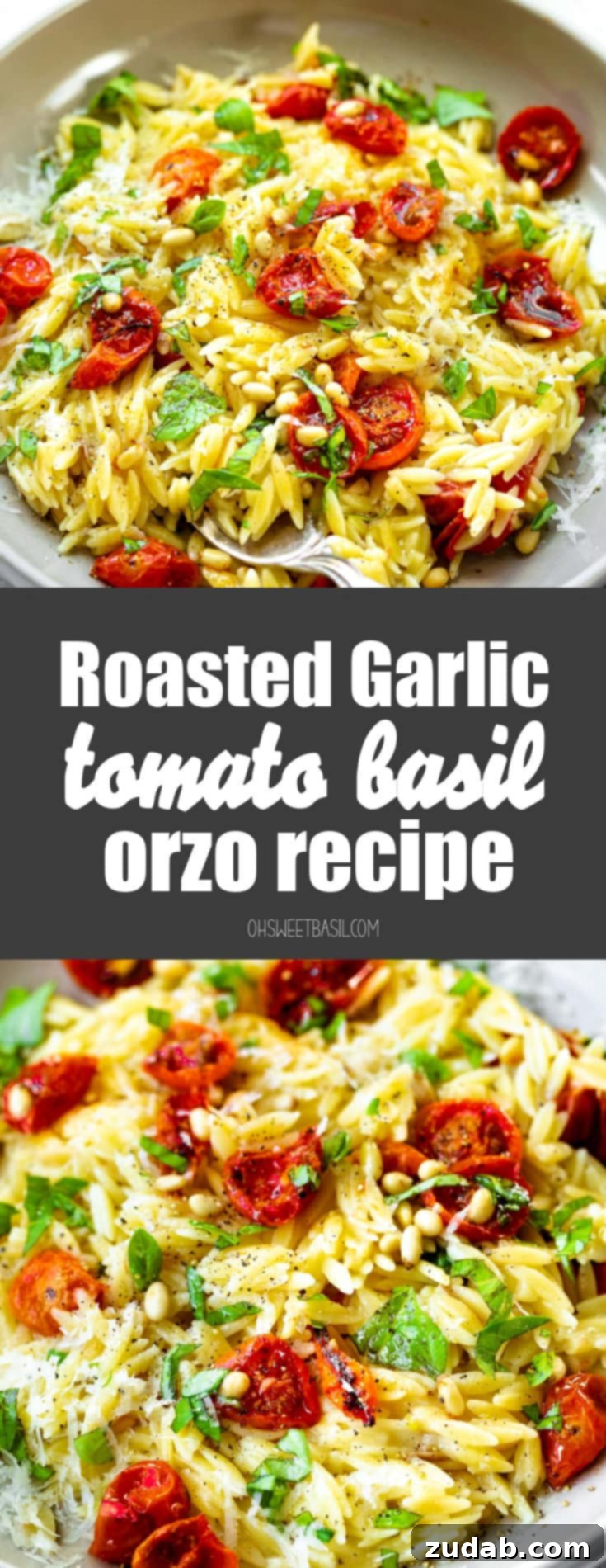 Mediterranean Roasted Garlic Tomato Basil Orzo 7 A photo of a large bowl full of roasted garlic orzo pasta with roasted cherry tomatoes, fresh basil, and toasted pine nuts.