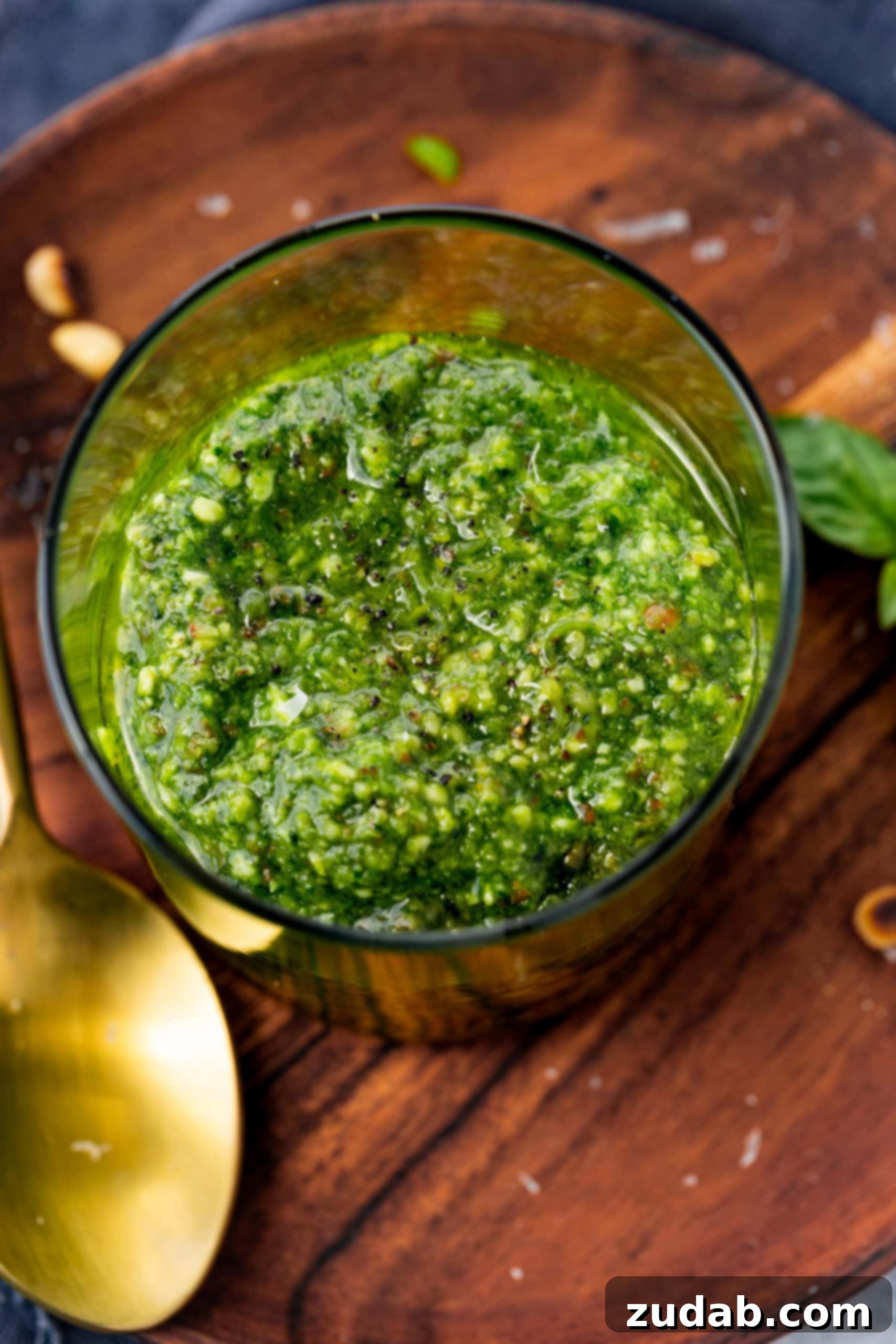 Fresh Basil Pesto 3 An overhead shot captures a glass jar filled with luscious homemade pesto, ready for enjoyment, highlighting its rich green color and smooth texture.