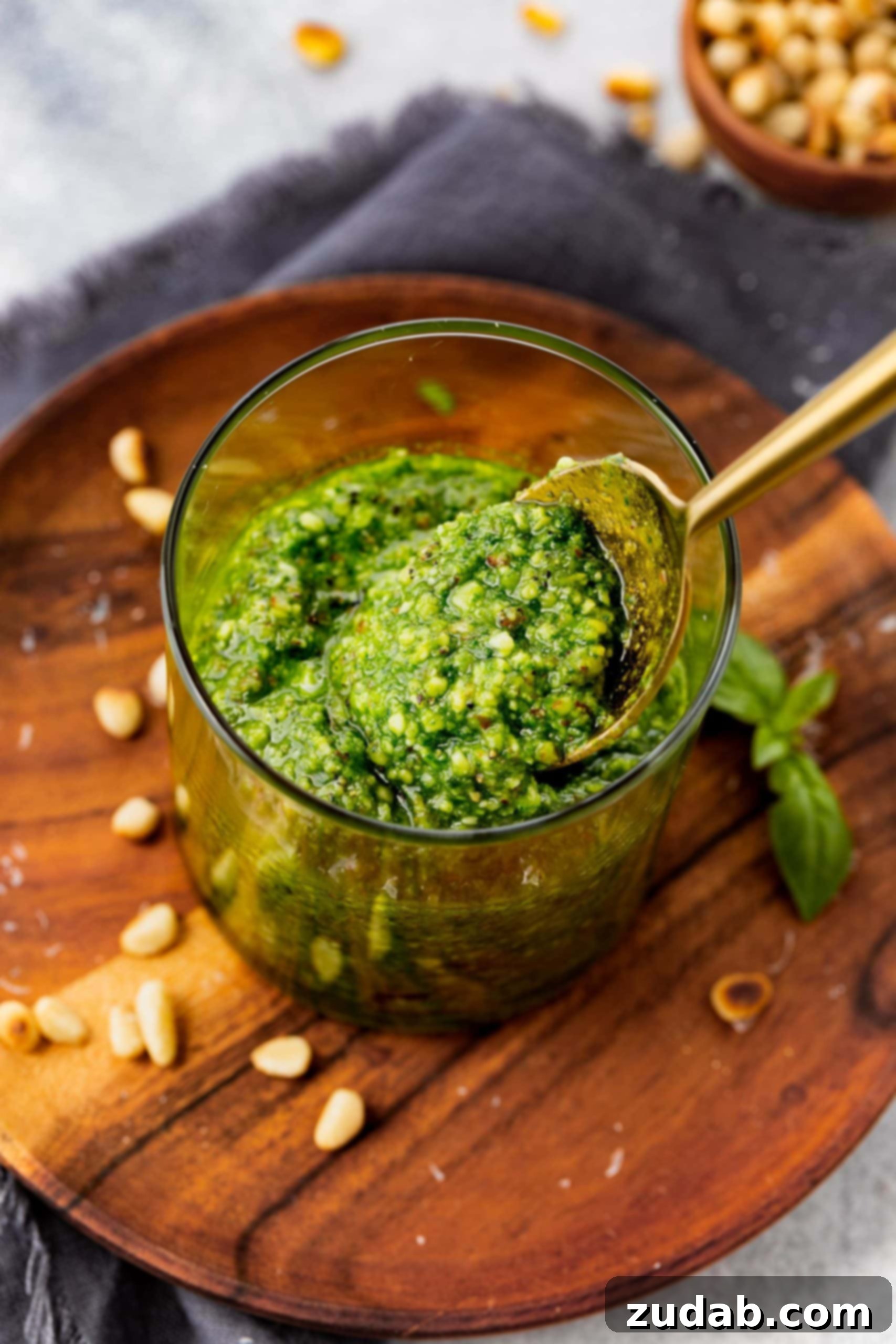 Fresh Basil Pesto 4 A golden spoon scoops rich homemade pesto sauce from a glass jar, which rests on a wooden plate adorned with fresh basil leaves and pine nuts, illustrating the sauce's delightful texture.