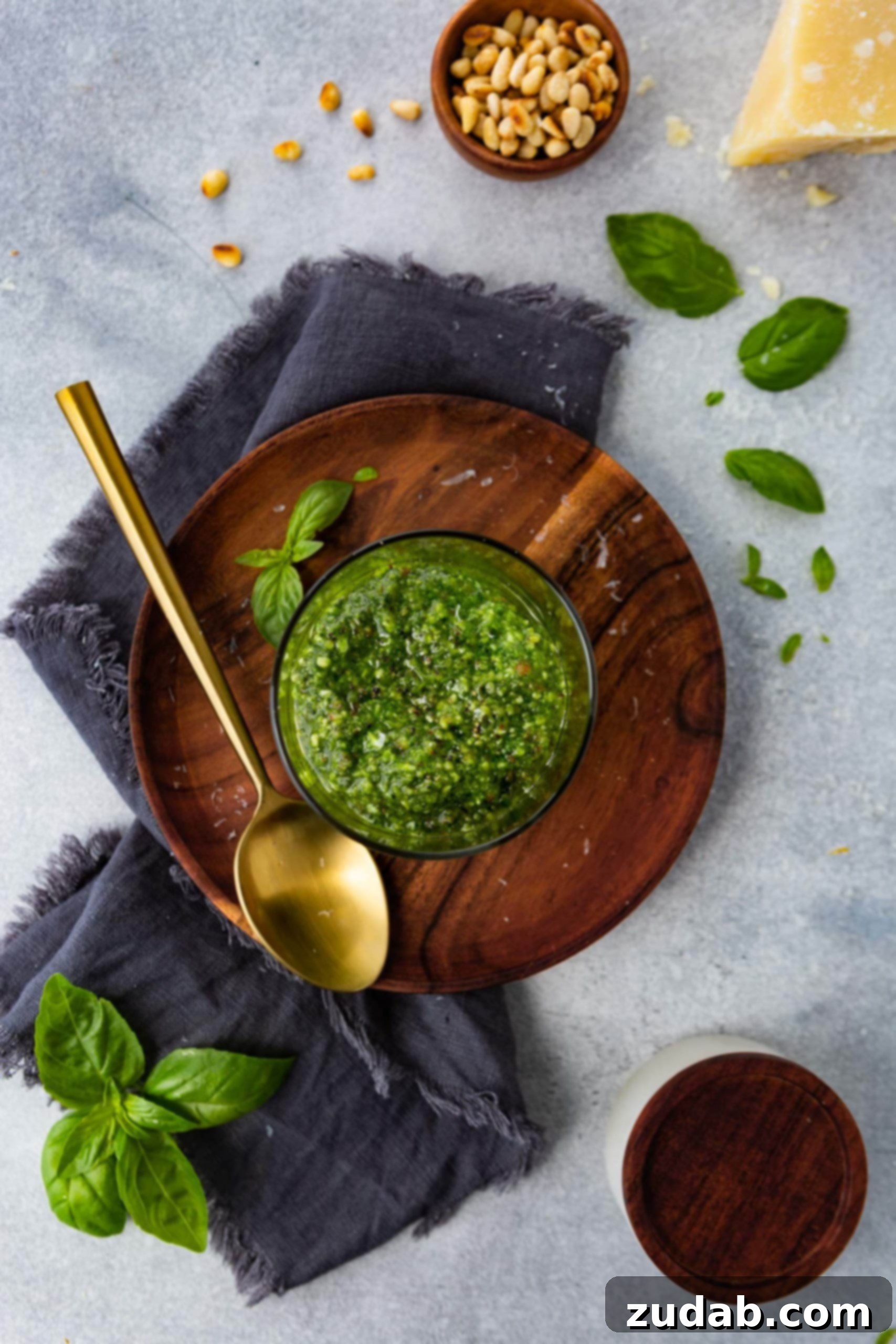 Fresh Basil Pesto 5 A jar of homemade pesto sauce on a wooden plate, a gold spoon resting beside it, inviting you to taste its homemade goodness.