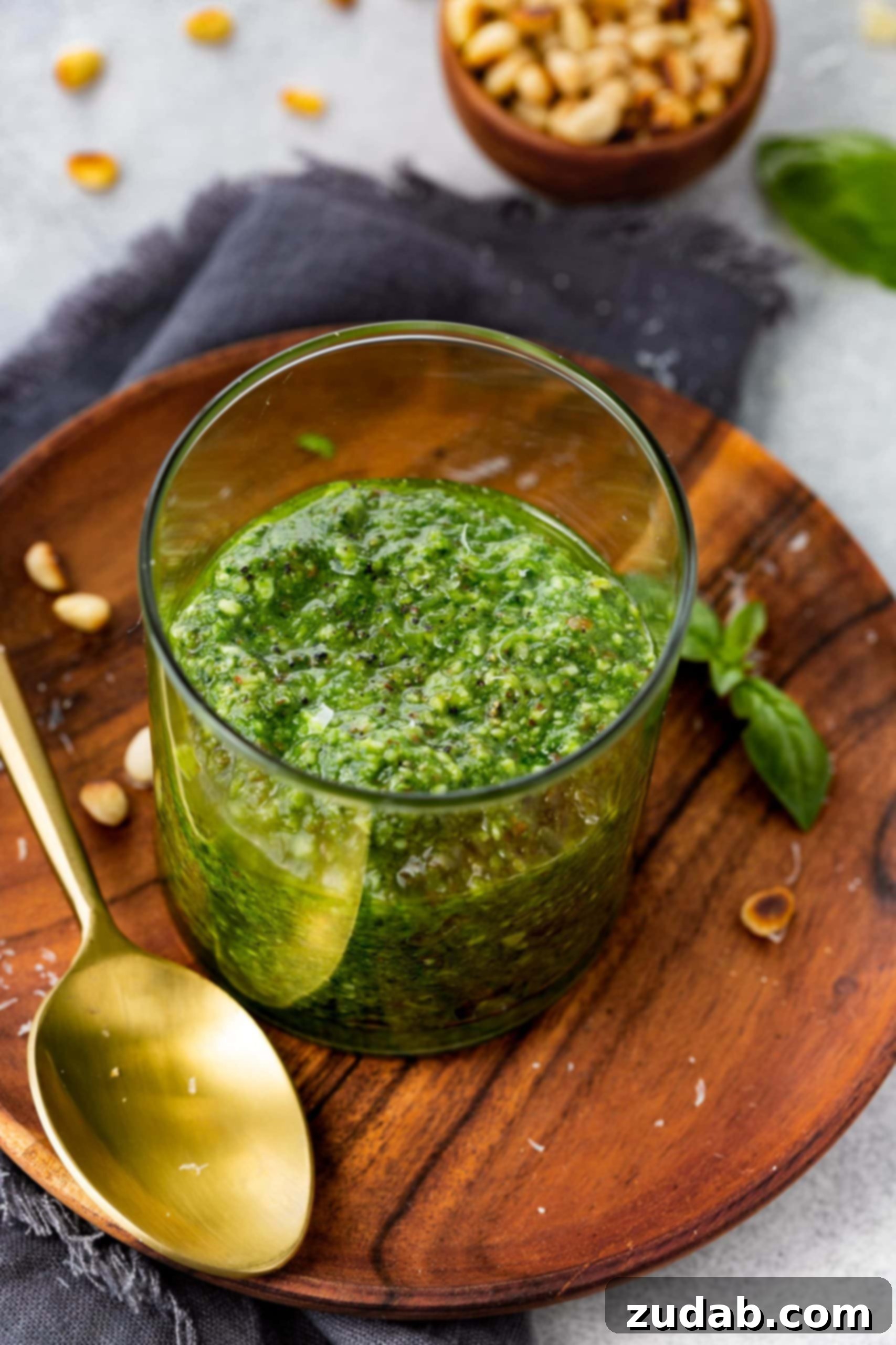 Fresh Basil Pesto 6 A glass jar of homemade pesto sauce rests gracefully on a wooden plate, with a golden spoon lying next to it, poised to serve this delightful condiment.