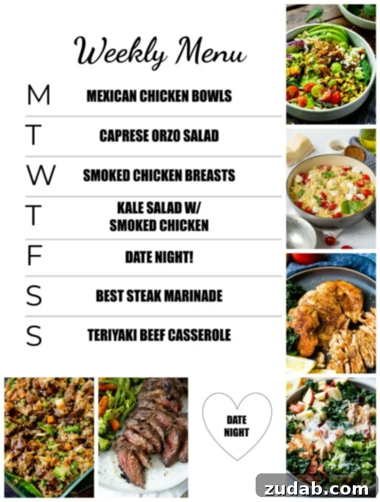 Weekly Meal Planner September 11 to 17 2 A vibrant weekly meal plan graphic, showcasing seven days of diverse and delicious dinner ideas, from Mexican Chicken Bowls to Teriyaki Beef Casserole, promising stress-free cooking for the week.