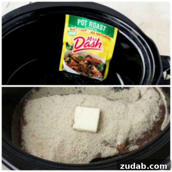 This pot roast sandwich is going to have husbands everywhere proposing all over again. Mark. My. Words. It's just that good. photo collage - Mrs. Dash pot roast spices and butter in a slow cooker.
