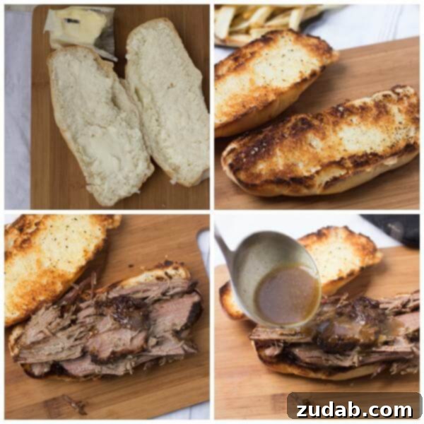 This pot roast sandwich is going to have husbands everywhere proposing all over again. Mark. My. Words. It's just that good. photo collage - putting together a Pot Roast sandwich on a wooden board.