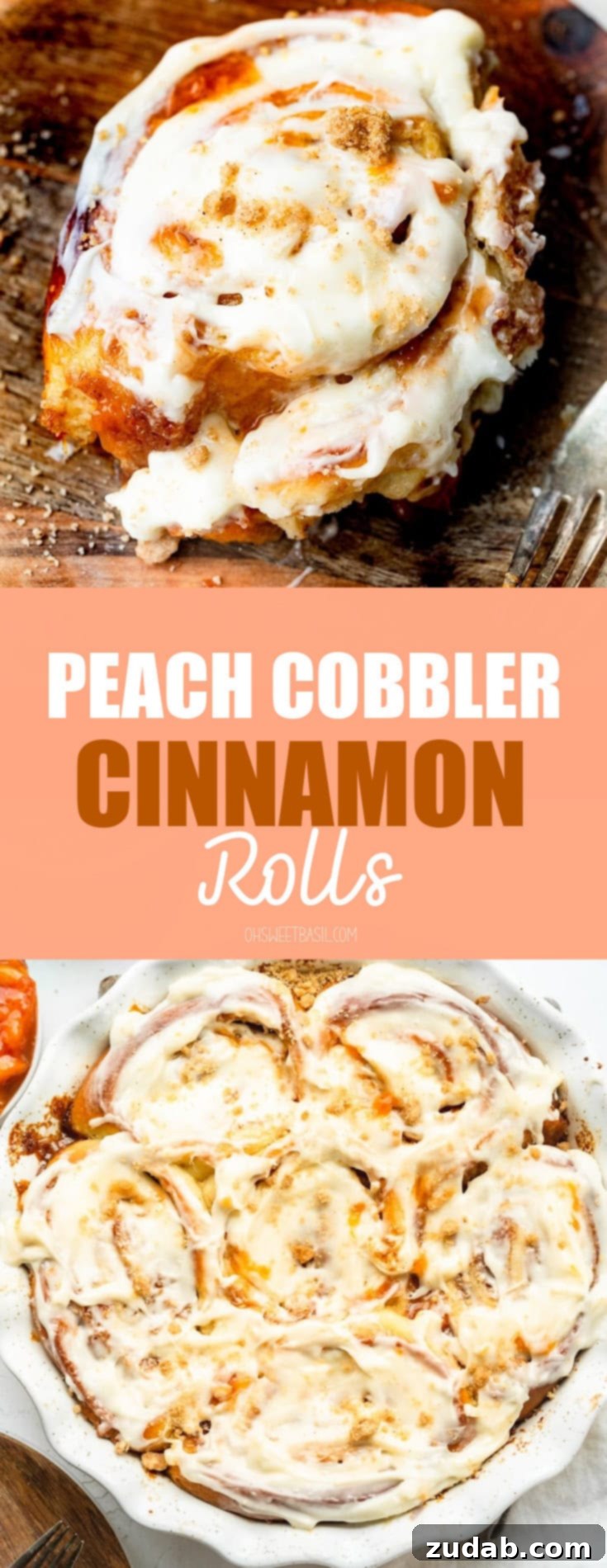 Delicious Peach Cobbler Cinnamon Rolls 14 a photo of a peach cinnamon rolls sitting on a wooden dessert plate loaded with peach jam and topped with peach cream cheese frosting