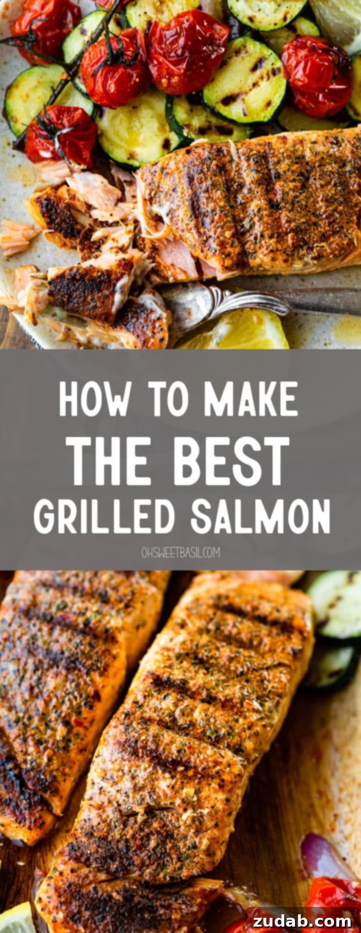 The Ultimate Guide to Perfectly Grilled Salmon 10 A stunning photograph of a perfectly grilled salmon fillet, flaked and moist, resting beside a colorful medley of grilled vegetables, emphasizing its tender texture and delicious appearance. This image is perfect for showcasing a healthy and satisfying meal.