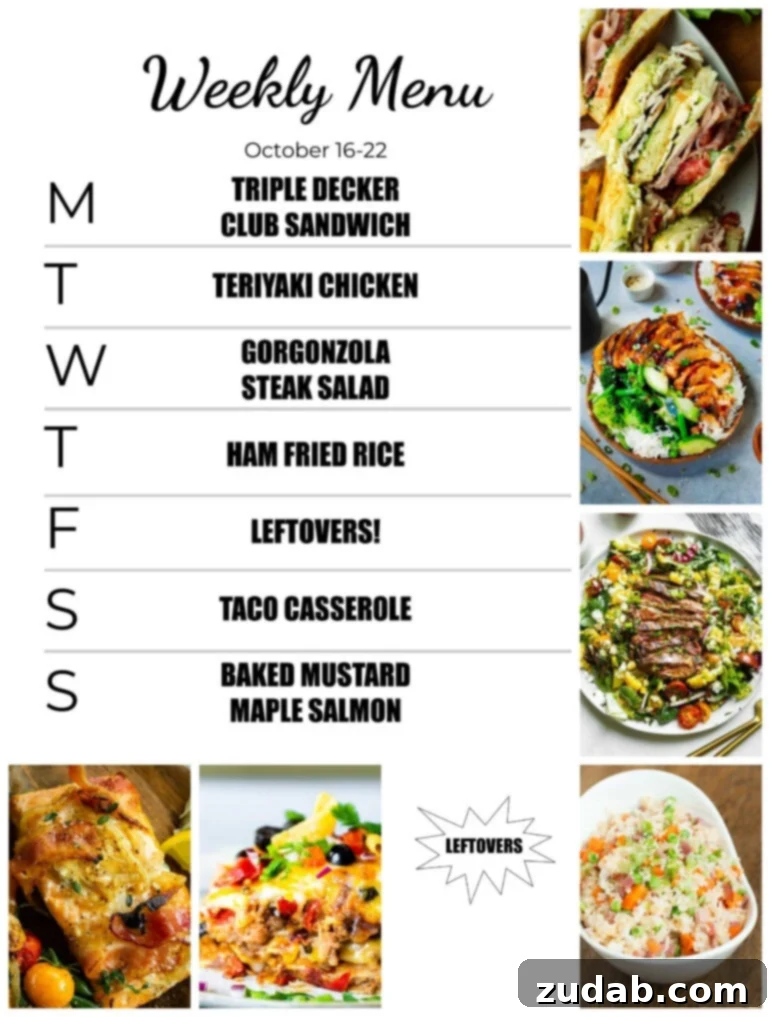 A vibrant weekly meal plan graphic featuring diverse dishes for each day, inspiring easy and delicious home cooking.