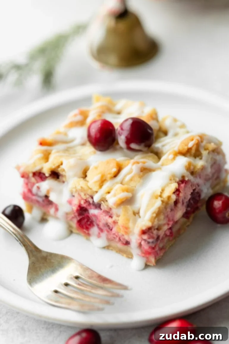 Buttery Cranberry Crumb Bars 3 a photo of a cranberry bar sitting on a white dessert plate topped with a golden crumble and a white glaze
