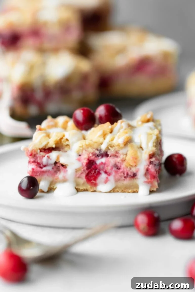 Buttery Cranberry Crumb Bars 5 a photo of a cranberry crumb bar sitting on a small dessert plate drizzled with a white glaze and whole cranberries scattered around it