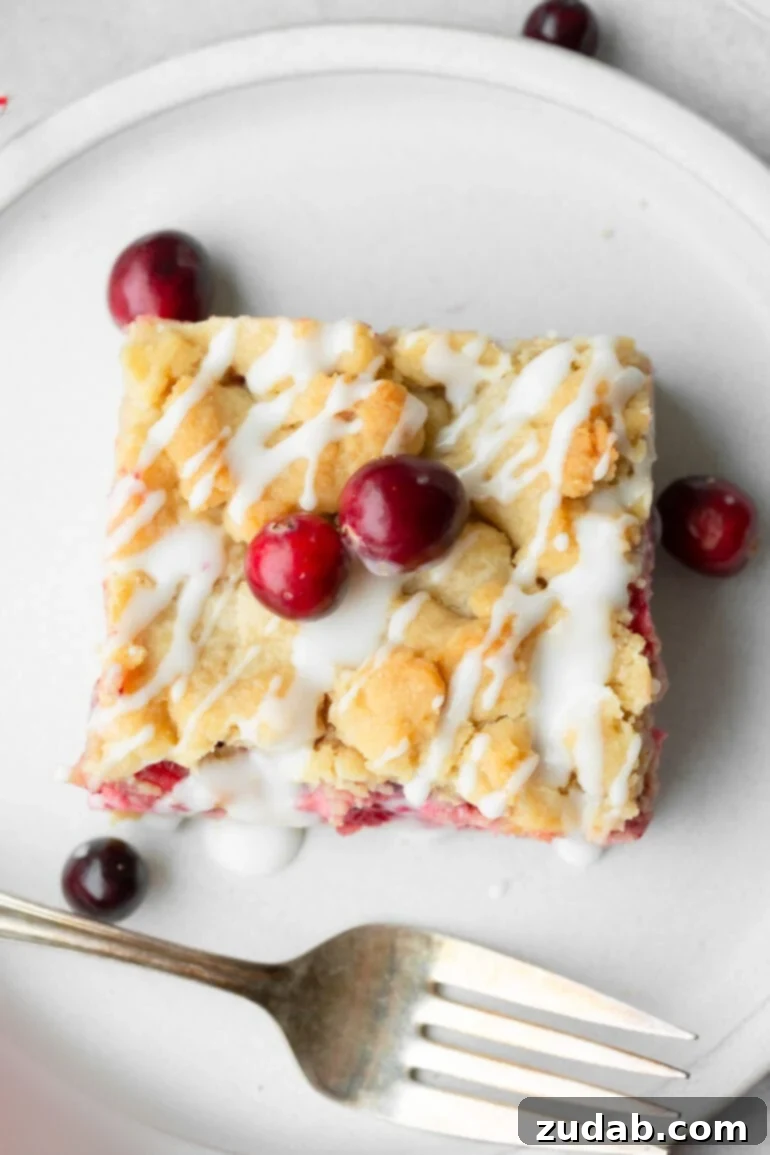 Buttery Cranberry Crumb Bars 6 a photo taken over the top of a single square cranberry crumb bar topped with a white glaze drizzle with two whole cranberries on top