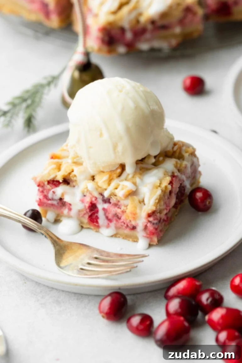 Buttery Cranberry Crumb Bars 7 a photo of a cranberry crumb bar topped with a scoop of vanilla ice cream sitting on a white dessert plate with a fork sitting next to it