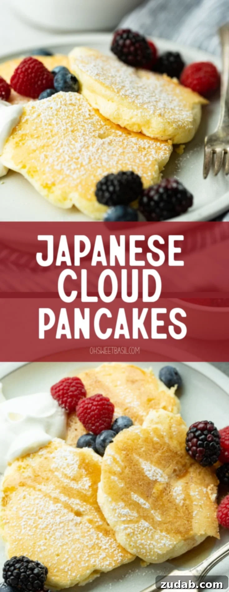 Pillowy Soft Japanese Pancakes 10 A photo of four swedish pancakes rolled up and sitting next to each other on a white plate topped with diced strawberries.