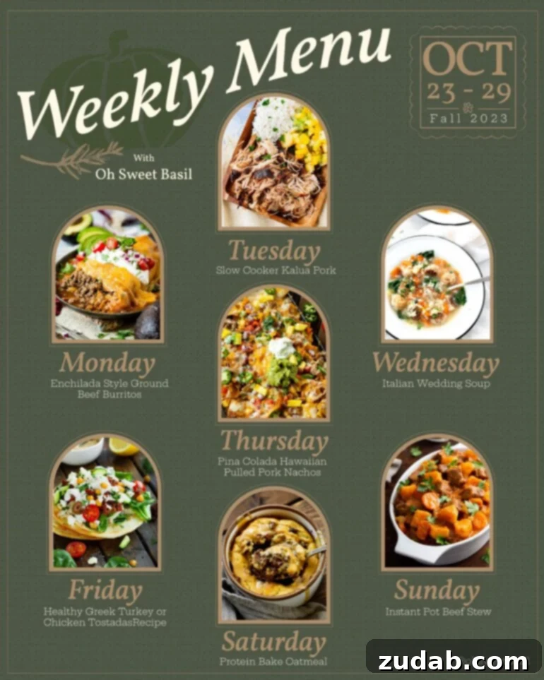 Weekly Meal Plan for October 23-29 2 A vibrant collage of various delicious meals, representing a diverse weekly menu plan, featuring a mix of comfort food, international flavors, and healthy options.