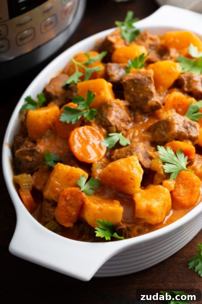 Weekly Meal Plan for October 23-29 9 A beautiful serving bowl brimming with comforting Instant Pot Beef Stew, showcasing generous chunks of tender, fall-apart beef, vibrant carrots, and wholesome potatoes, all swimming in a rich, savory broth and garnished with fresh parsley leaves.