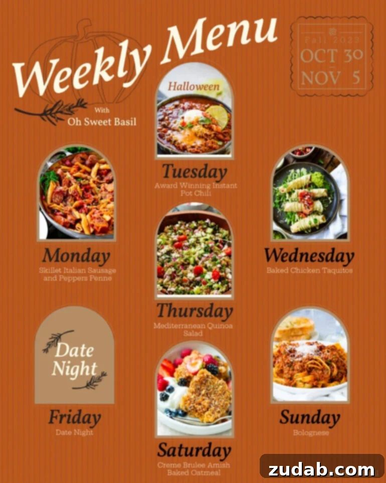 Weekly Meal Plan October 30 to November 5 2 A beautifully designed weekly menu plan displaying a variety of delicious recipes for each day of the week, helping families save time and reduce stress.