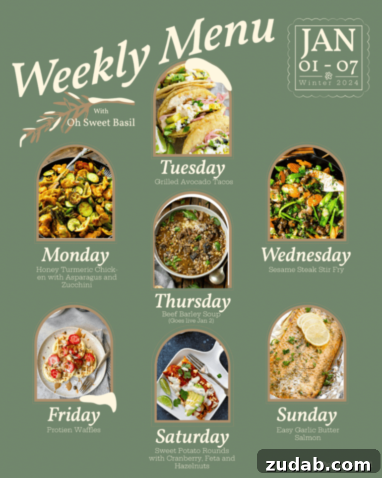 A vibrant graphic illustrating a weekly menu plan for each day of the week, designed to kick off a healthy new year.