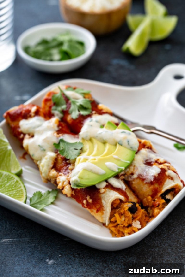A dinner plate showcasing two delicious sweet potato enchiladas, artfully garnished with red enchilada sauce, crumbly queso fresco cheese, fresh avocado slices, and vibrant cilantro leaves. A fork and two lime wedges rest on the side, while a sweet corn crema is elegantly drizzled over the top.