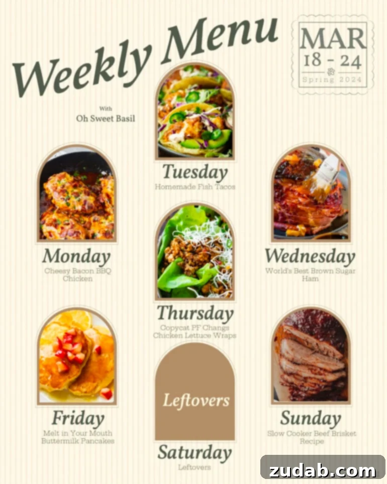 Your Weekly Meal Plan: March 18-24 2 A vibrant collage of various delicious meals, showcasing the diverse and exciting dishes featured in the weekly meal plan, including a festive Easter ham, savory fish tacos, and comforting slow cooker beef.