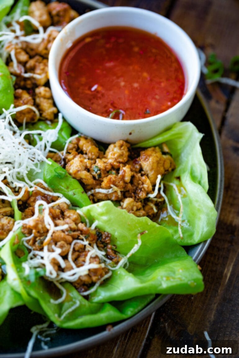Your Weekly Meal Plan: March 18-24 6 A vibrant photo of chicken lettuce wraps, beautifully arranged and topped with crispy rice noodles, served alongside a small cup of sweet chili dipping sauce for an added kick of flavor.