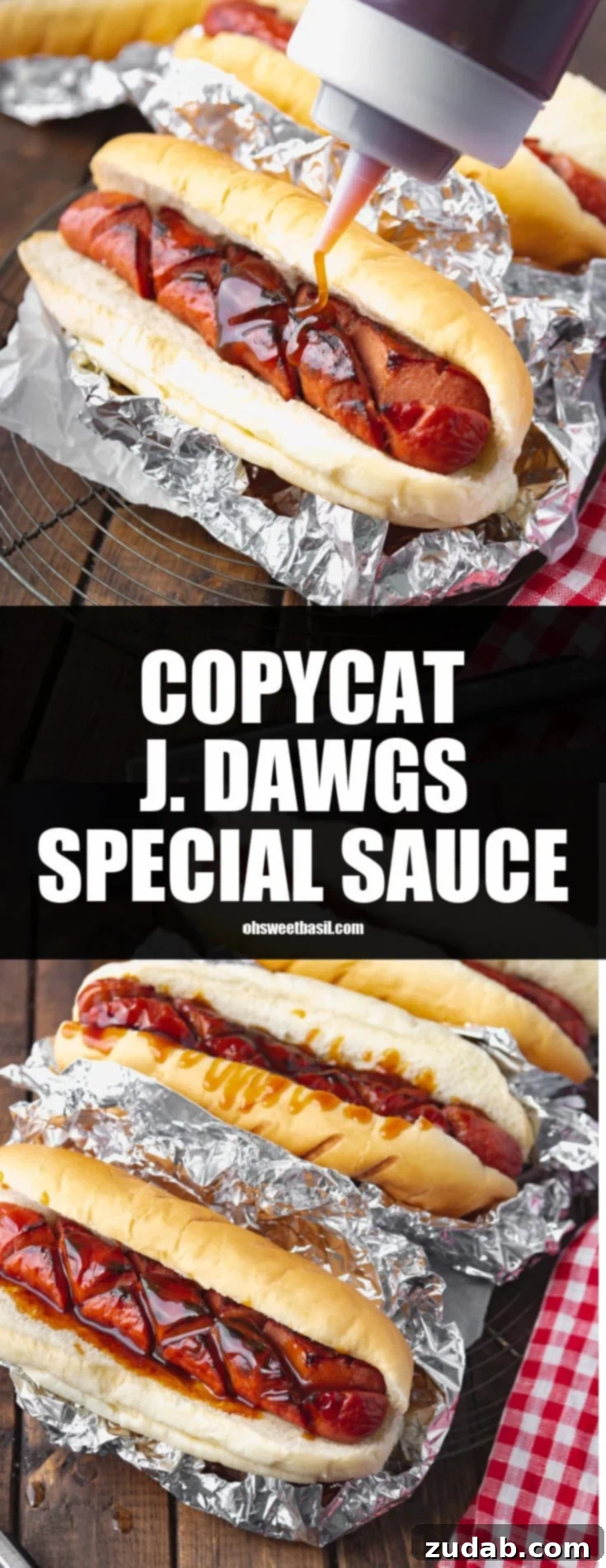 J.Dawgs Secret Sauce Revealed 3 A final close-up shot of a J.Dawgs style hot dog with criss-cross cuts, smothered in special sauce, nestled in a bun within aluminum foil.