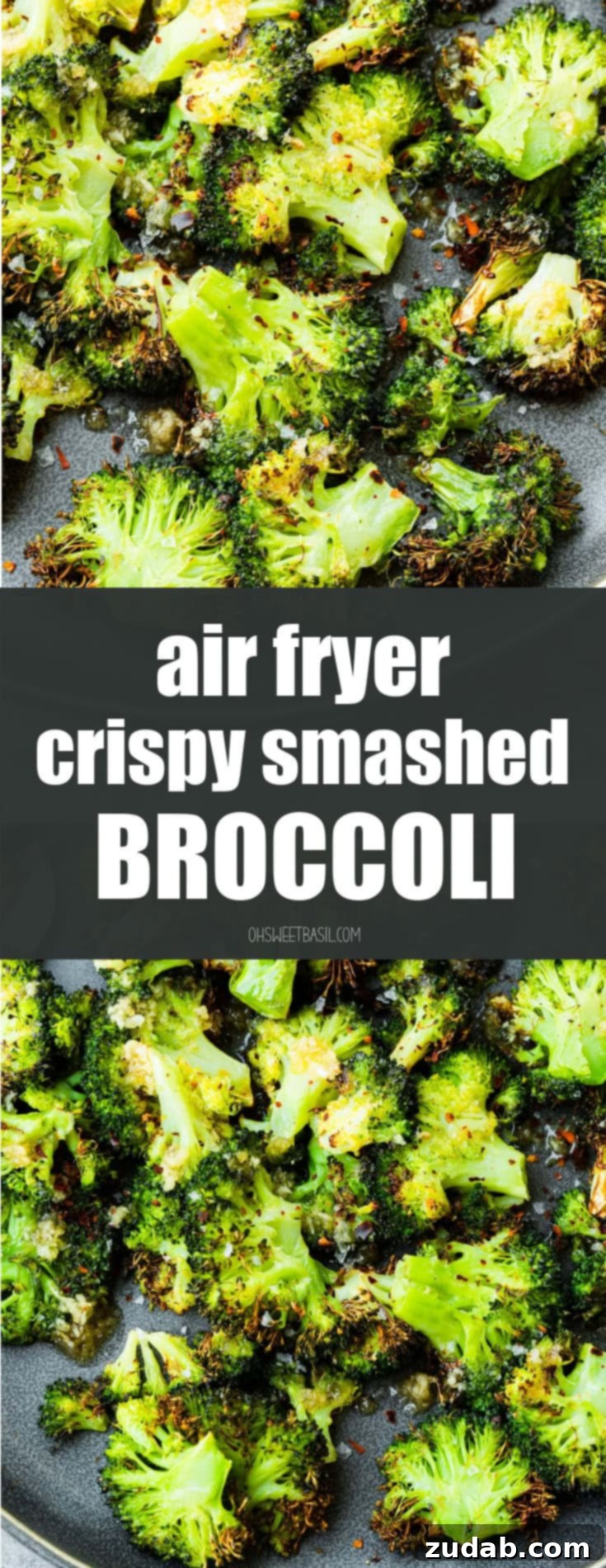 Golden Crispy Air Fryer Smashed Broccoli 7 A high-resolution photo of crispy broccoli florets generously piled on a large gray plate, beautifully charred and glistening. Perfect for showcasing the delicious results of an air fryer broccoli recipe.
