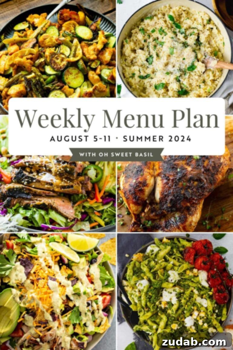 Weekly Menu Plan: August 5-11 2 A vibrant graphic depicting a diverse weekly menu plan, showcasing six tempting main dishes like roasted chicken, perfectly seared steak, and grilled salmon, encouraging easy and family-friendly dinners for a stress-free week.