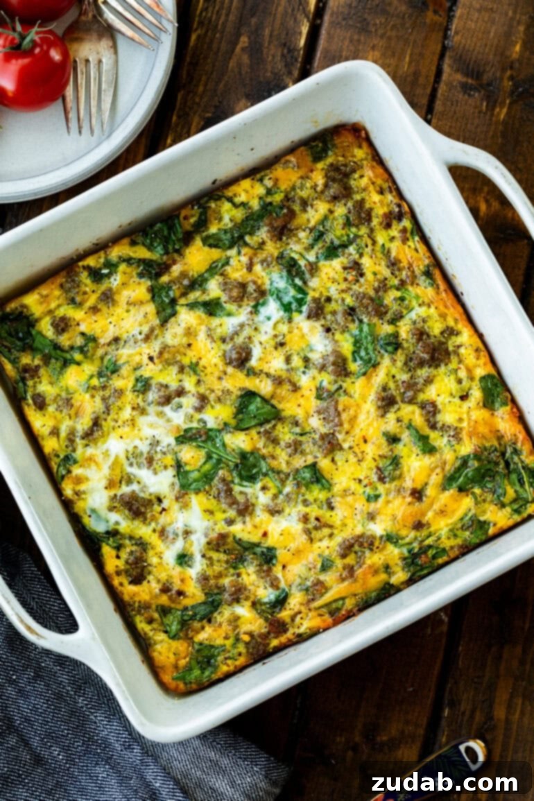 Savory Spinach, Sausage, and Egg Bake 6 Spinach, Sausage, and Egg Casserole in Baking Dish