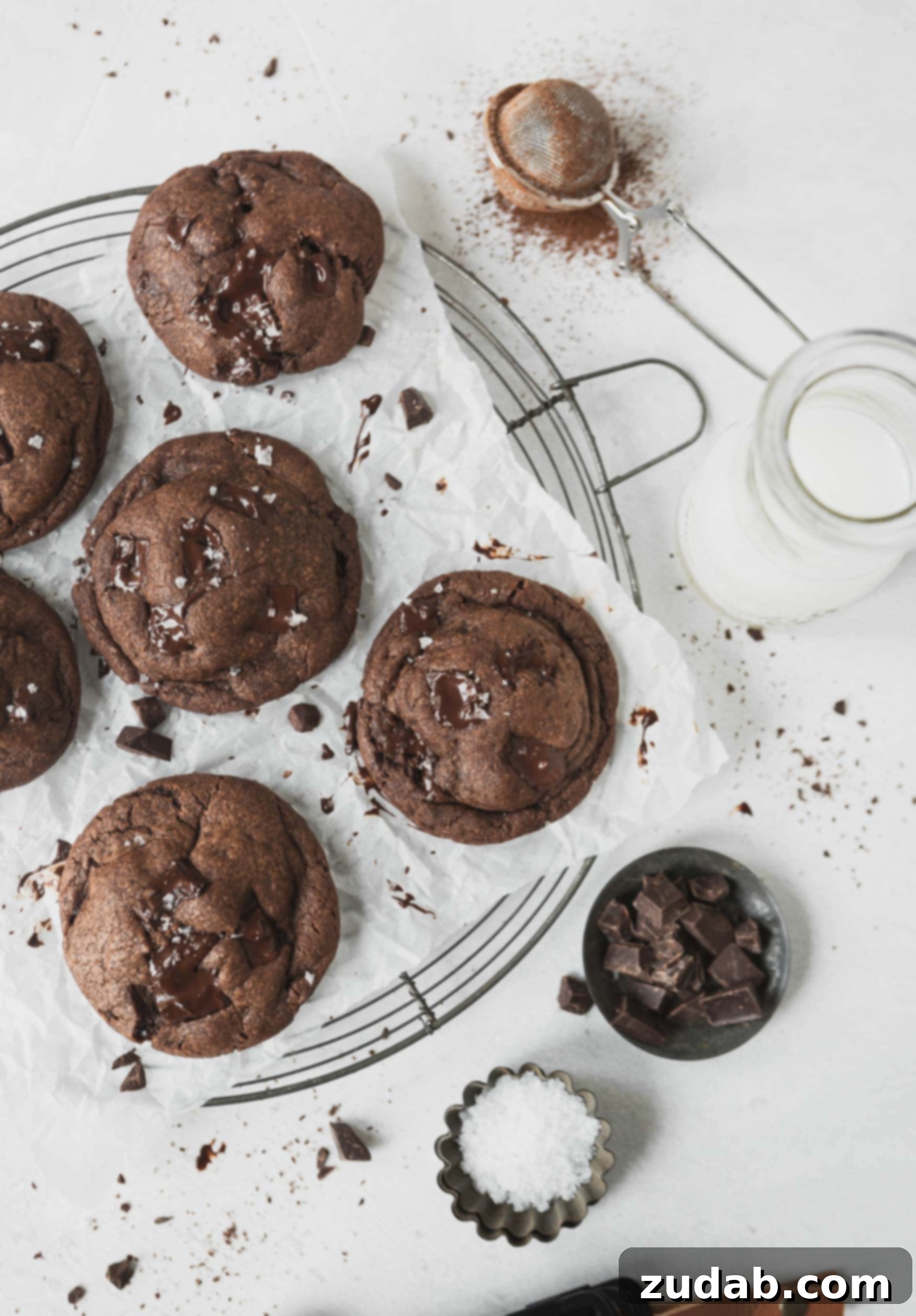 Double Chocolate Chip Cookies Fresh from the Oven Freshly Baked Double Chocolate Chip Cookies on Parchment Paper
