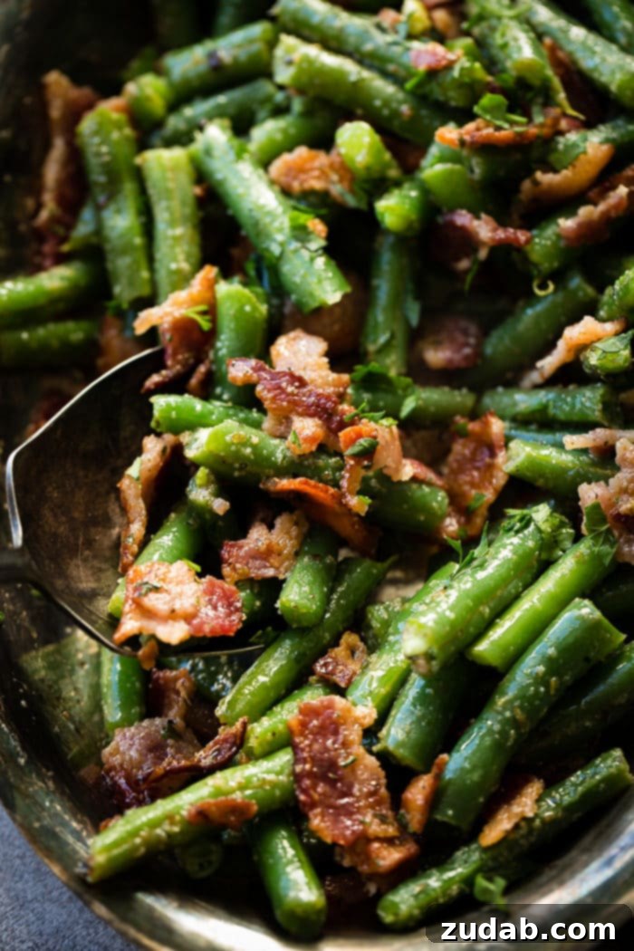 Bacon-kissed Green Beans 3 Close-up of Green Beans with Bacon and Garlic Seasoning