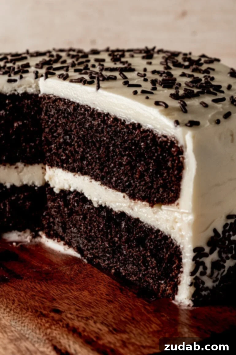 From Box to Bliss: Elevating Simple Chocolate Cake 4 A two-layer chocolate cake with vanilla buttercream frosting, topped with chocolate sprinkles, with a slice cut out revealing the moist interior.