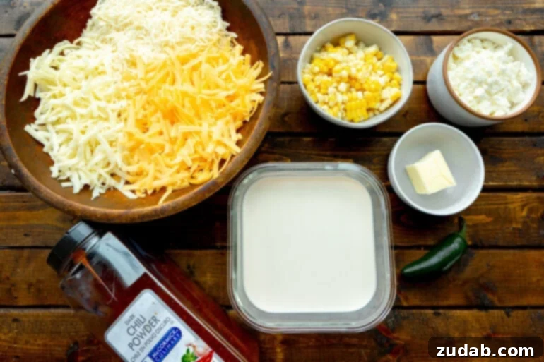 Elote-Inspired Queso Dip 3 Ingredients for A cheese dip including cheddar, Chihuahua cheese, Monterey Jack, and sweet corn for the perfect appetizer.