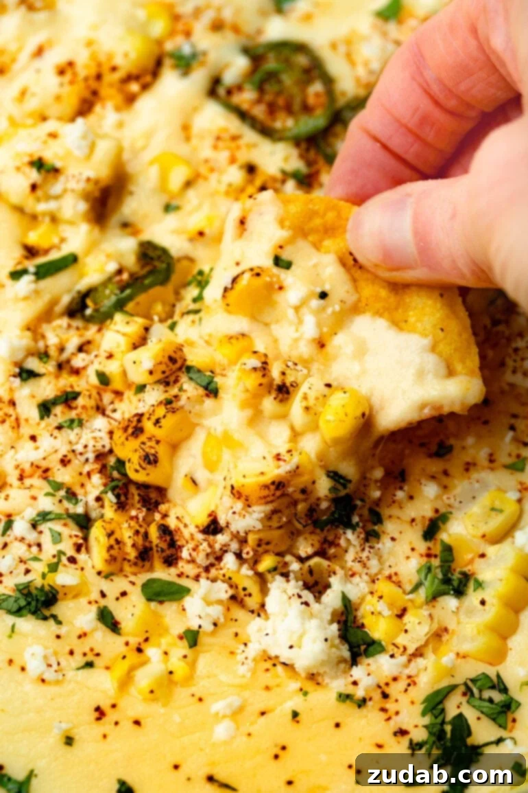 Elote-Inspired Queso Dip 7 someone lifting a corn tortilla chip from a skillet of elote queso dip