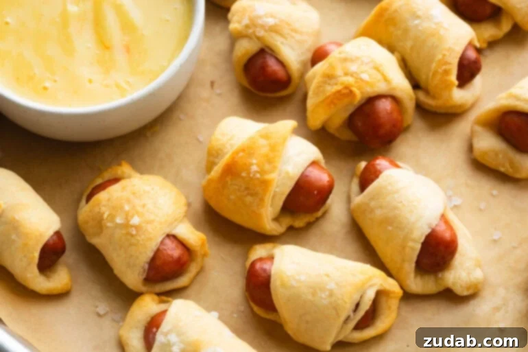 Pigs in a Blanket: A Savory Bite-Sized Delight 2 Golden baked pigs in a blanket with homemade dipping sauce