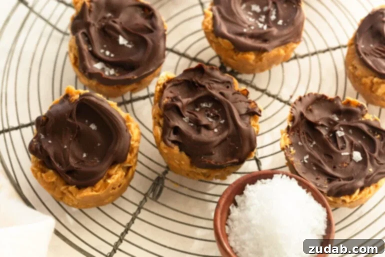 Chocolate Peanut Butter Oatmeal Cups 2 Several peanut butter oat cups topped with chocolate and sprinkled with salt