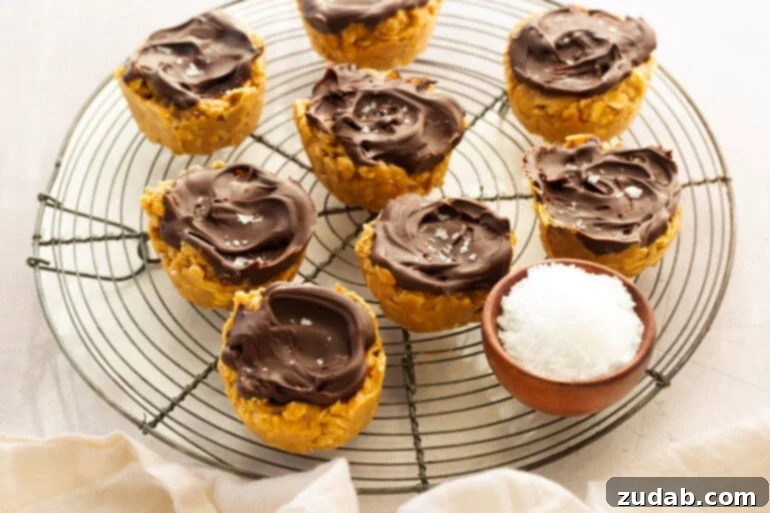 Chocolate Peanut Butter Oatmeal Cups 7 Several peanut butter oat cups topped with chocolate and sprinkled with flaked sea salt all on a wire cooling rack with a small bowl of sea salt
