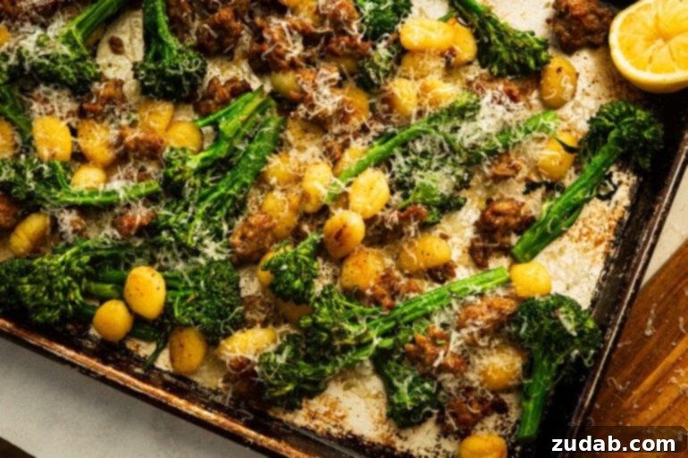 Busy Weeknight Gnocchi and Sausage Bake 2 Sheet Pan Gnocchi with Italian sausage, broccolette, and lemon slices