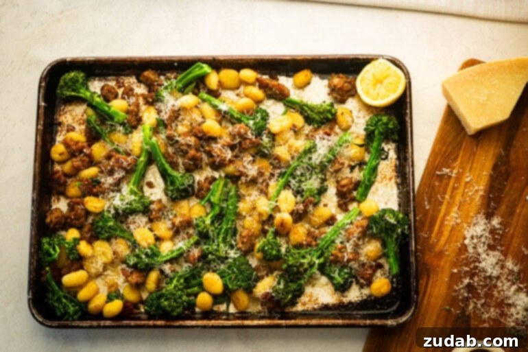 Busy Weeknight Gnocchi and Sausage Bake 3 Crispy gnocchi and sausage roasted together on a sheet pan