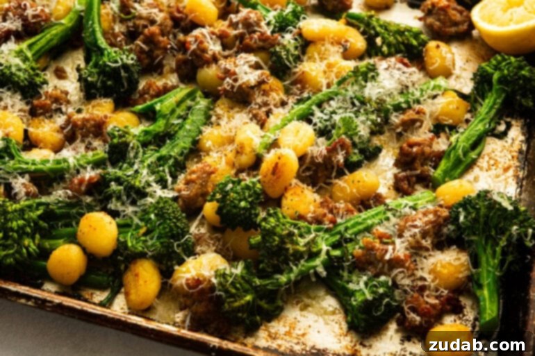 Busy Weeknight Gnocchi and Sausage Bake 4 Potato pasta, browned sausage, and tender broccolette on a baking sheet
