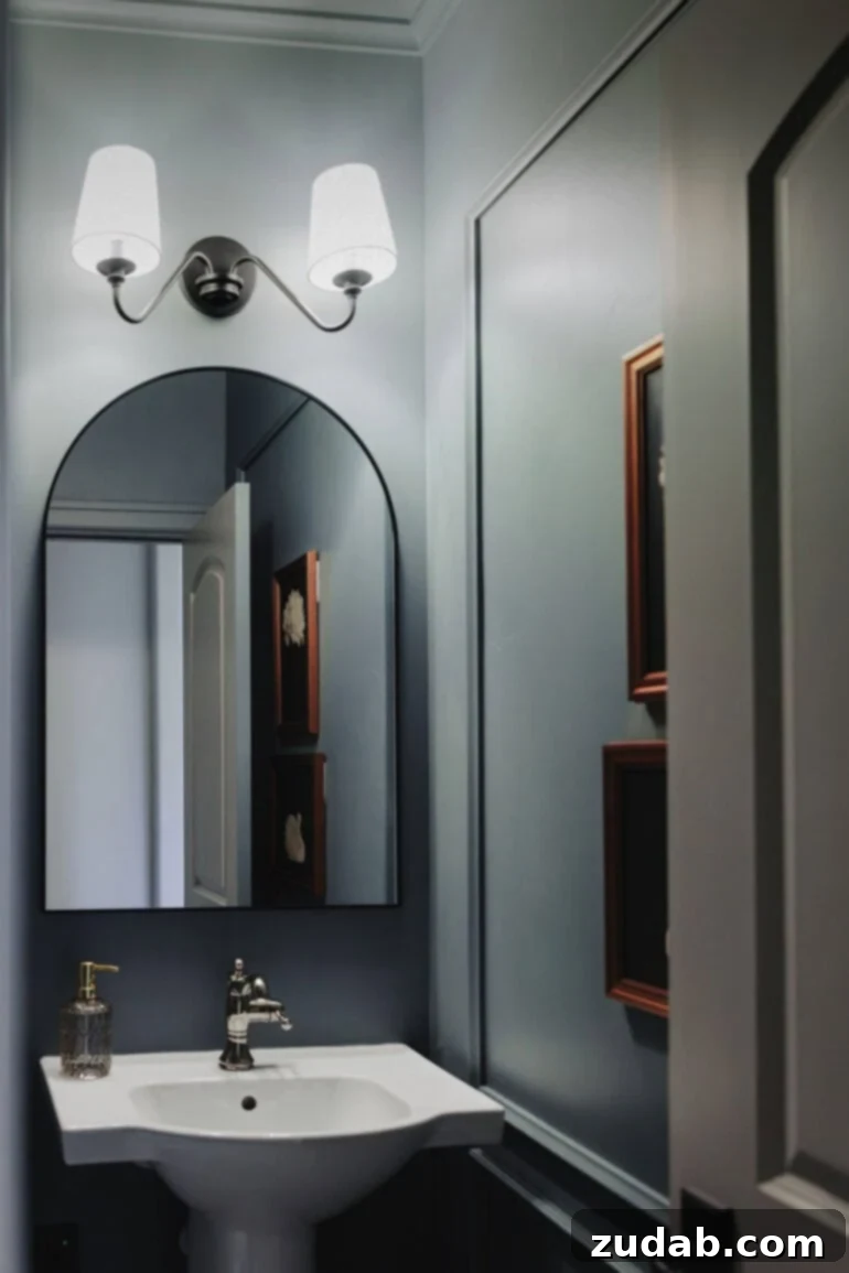 Dos and Don'ts of Color Drenching The Color Drenching Playbook 4 A black arched mirror in a color drenched bathroom