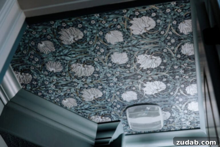 Dos and Don'ts of Color Drenching The Color Drenching Playbook 5 Wallpapered ceiling in a color drenched half bath