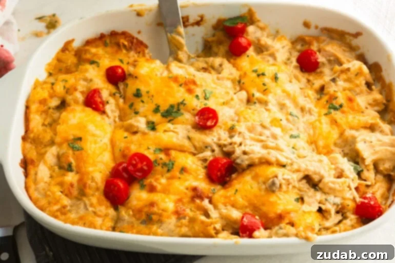 Mama's Velvety Chicken Enchilada Bake 5 a casserole dish of chicken enchilada casserole that has been sliced into servings and a spatula about to lift a serving out of the pan